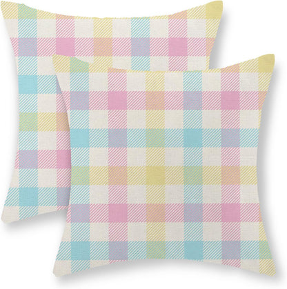 Spring Buffalo Plaid Pillow Covers 18x18 Set of 2 Yellow Blue Pink Checkered Easter Throw Pillows Summer Outdoor Decorative Pillowcase Farmhouse Linen Holiday Decor Cushion Case for Couch Sofa