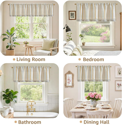 jinchan Linen Valance Kitchen Curtain Light Filter Double Layer 18 Inch | Light filtering kitchen valance,yellow striped pattern on linen background,bringing rustic farmhouse style