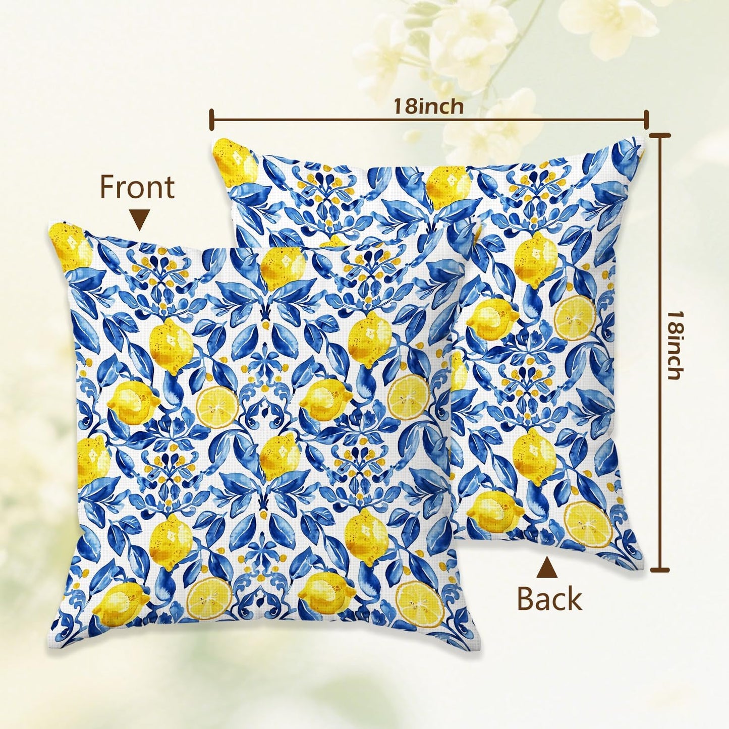 Blue Chinoiserie Lemon Pillow Cover 18x18, Lemon Gifts Decorative Pillow Cover for Couch Bed Living Room Bedroom, Rustic Italian Mediterranean Room Decor