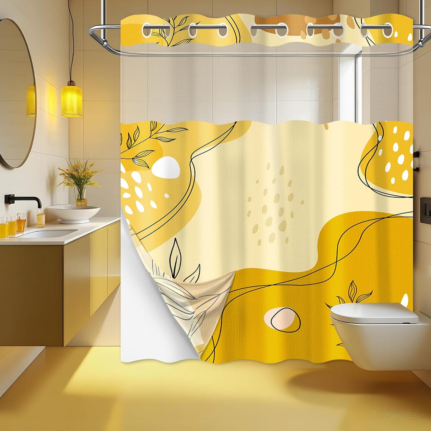 puuiiui Mustard Yellow Hookless Shower Curtain Mesh with Snap in Liner, Light Yellow Boho No Hook Double Layer Shower Curtain and Liner Set, Ringless with Window Waterproof Cloth Fabric, 71"W x 86"L