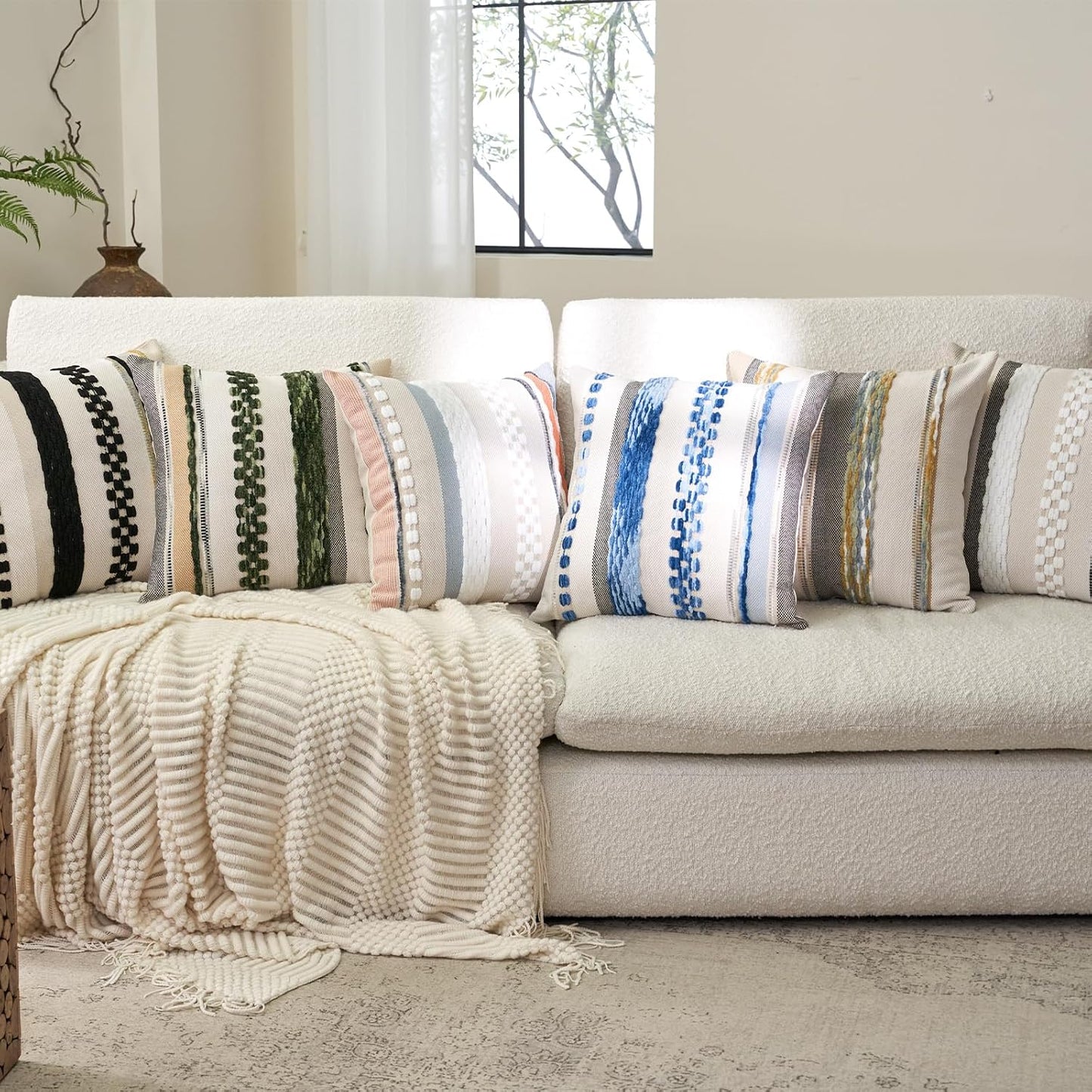 Aeckself Boho Throw Pillow Covers 18x18 Inch Set of 2, Farmhouse Decorative Striped Square Pillow Covers Chenille Tufted Pillow Cases Accent Neutral Pillowcase for Living Room Couch Bed, Yellow-Gray
