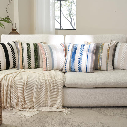 Aeckself Boho Throw Pillow Covers 18x18 Inch Set of 2, Farmhouse Decorative Striped Square Pillow Covers Chenille Tufted Pillow Cases Accent Neutral Pillowcase for Living Room Couch Bed, Yellow-Gray