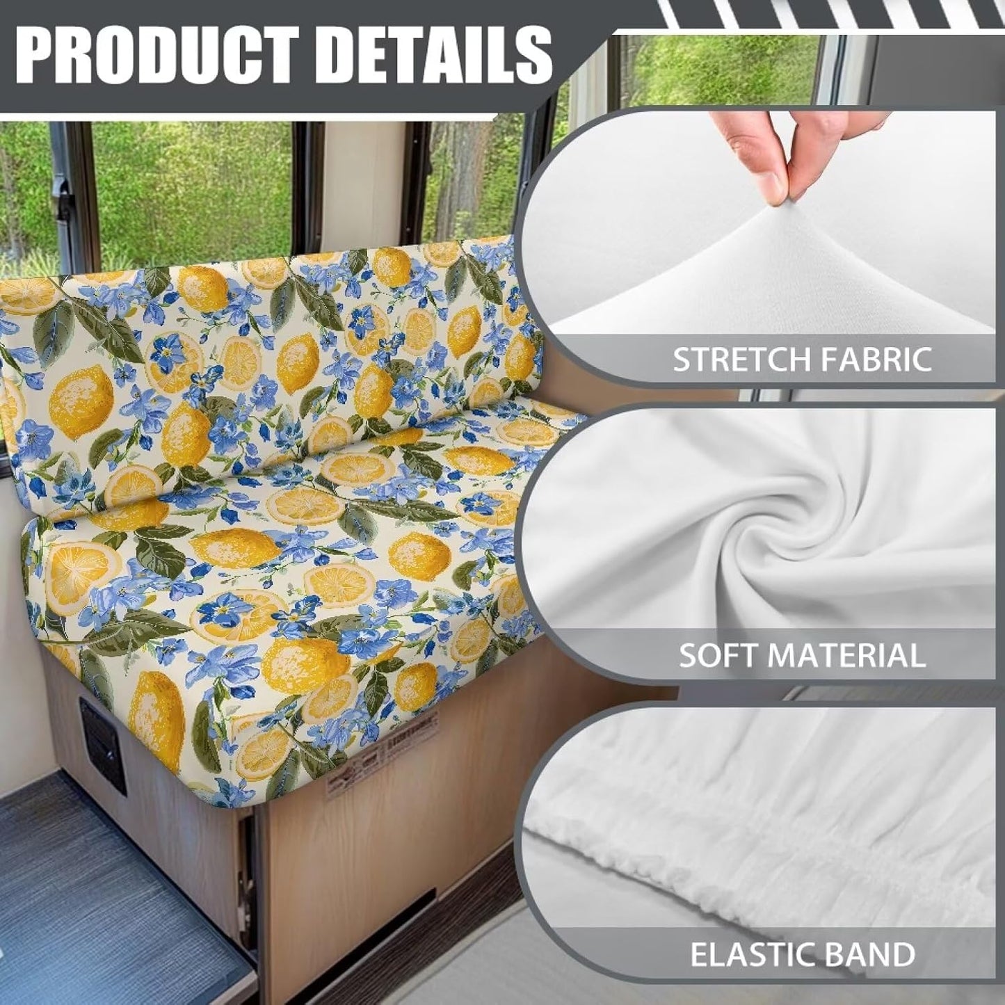 Lemon RV Dinette Cushion Covers, Replacement Camper Cushions Cover, Stretchable Fruit Print RV Dinette Seat Covers, Cushion Slipcovers Yellow