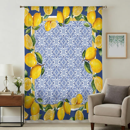 Sheer Curtains 45 Inches Long for Living Room/Bedroom, Blue Yellow Lemon Rod Pocket Voile Kitchen Curtains & Drapes Window Treatment 1 Panel, 52"W x 45"L Summer Country Fruits Italian Style