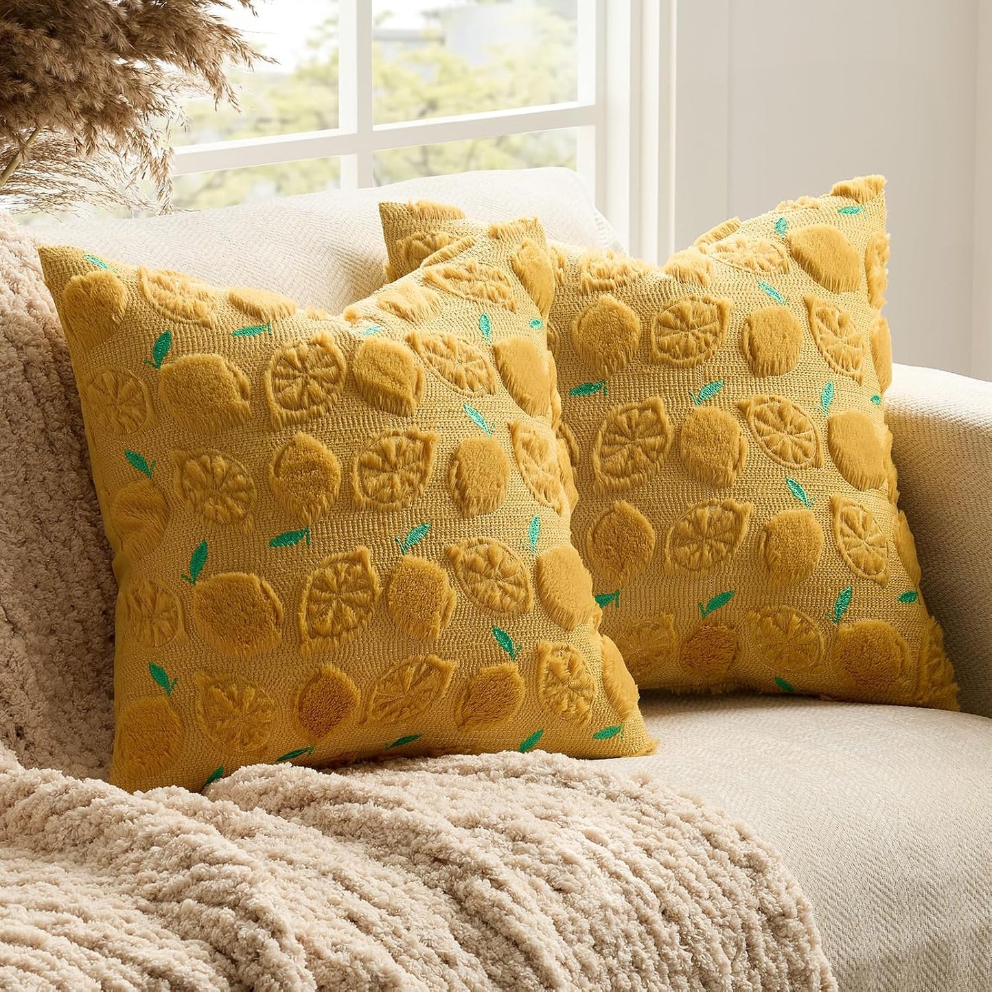 GIGIZAZA Pack of 2 Yellow Pillow Covers 20x20, Decorative Throw Pillows Cute Boho Farmhouse Covers for Couch Faux Fur Fruit Pattern Pillow Cases Embroidered Living Room Cushion Covers