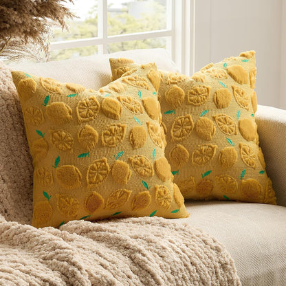 GIGIZAZA Pack of 2 Yellow Pillow Covers 20x20, Decorative Throw Pillows Cute Boho Farmhouse Covers for Couch Faux Fur Fruit Pattern Pillow Cases Embroidered Living Room Cushion Covers