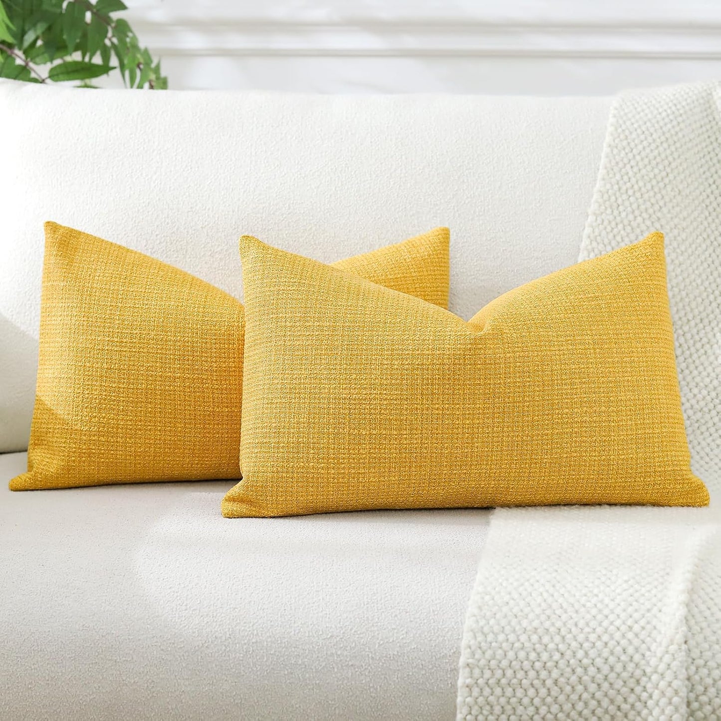 OTOSTAR Pack of 2 Throw Pillow Covers 12x20 Inch Linen Yellow Pillowcases Farmhouse Decorative Solid Pillow Covers 30x50 cm Lumbar Cushion Case for Home Decor Sofa Couch Bed (Yellow)