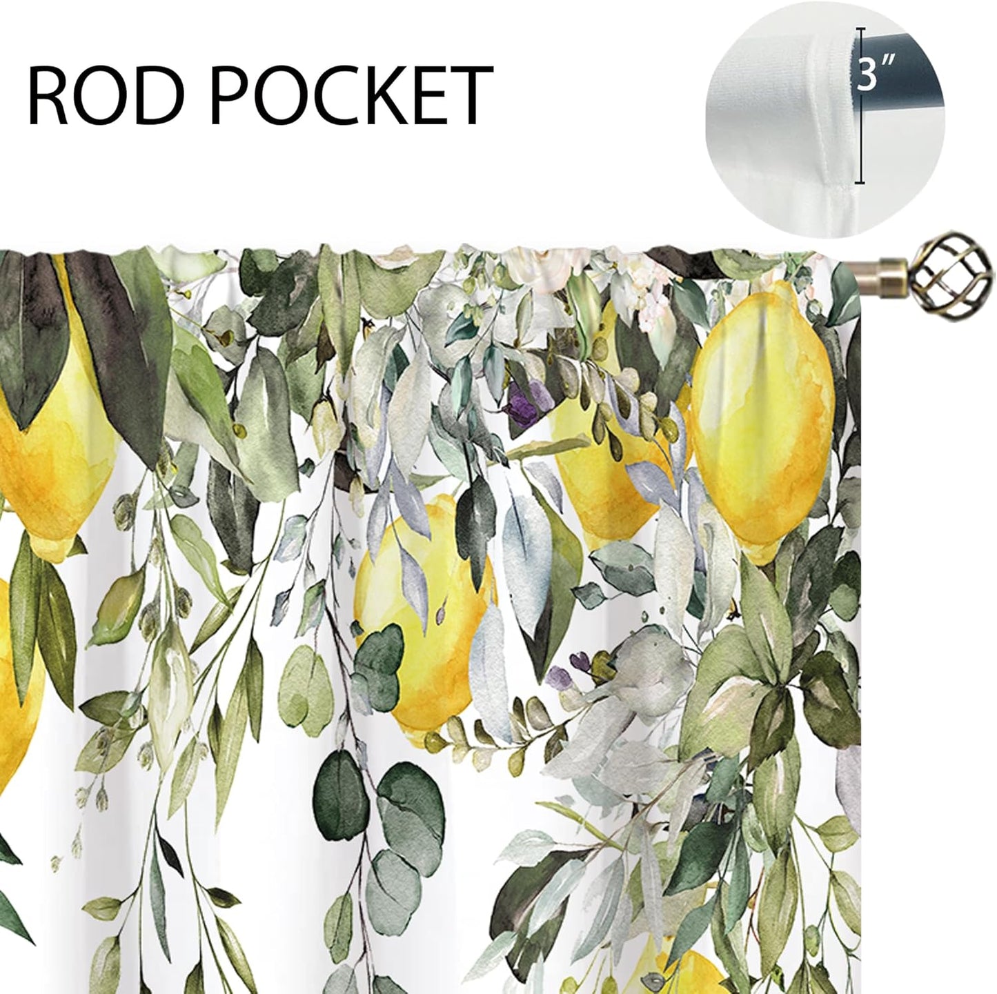 Eucalyptus Botanical Leaves Yellow Lemon Window Curtains Herb Plant Floral Fruit Sage Green Rod Pocket Curtain Drapes Flower Curtains for Bedroom Living Room Treatment 2 Panels 42Wx45H Inch