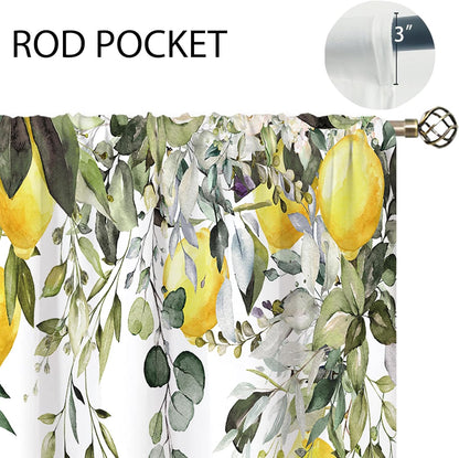 Eucalyptus Botanical Leaves Yellow Lemon Window Curtains Herb Plant Floral Fruit Sage Green Rod Pocket Curtain Drapes Flower Curtains for Bedroom Living Room Treatment 2 Panels 42Wx45H Inch