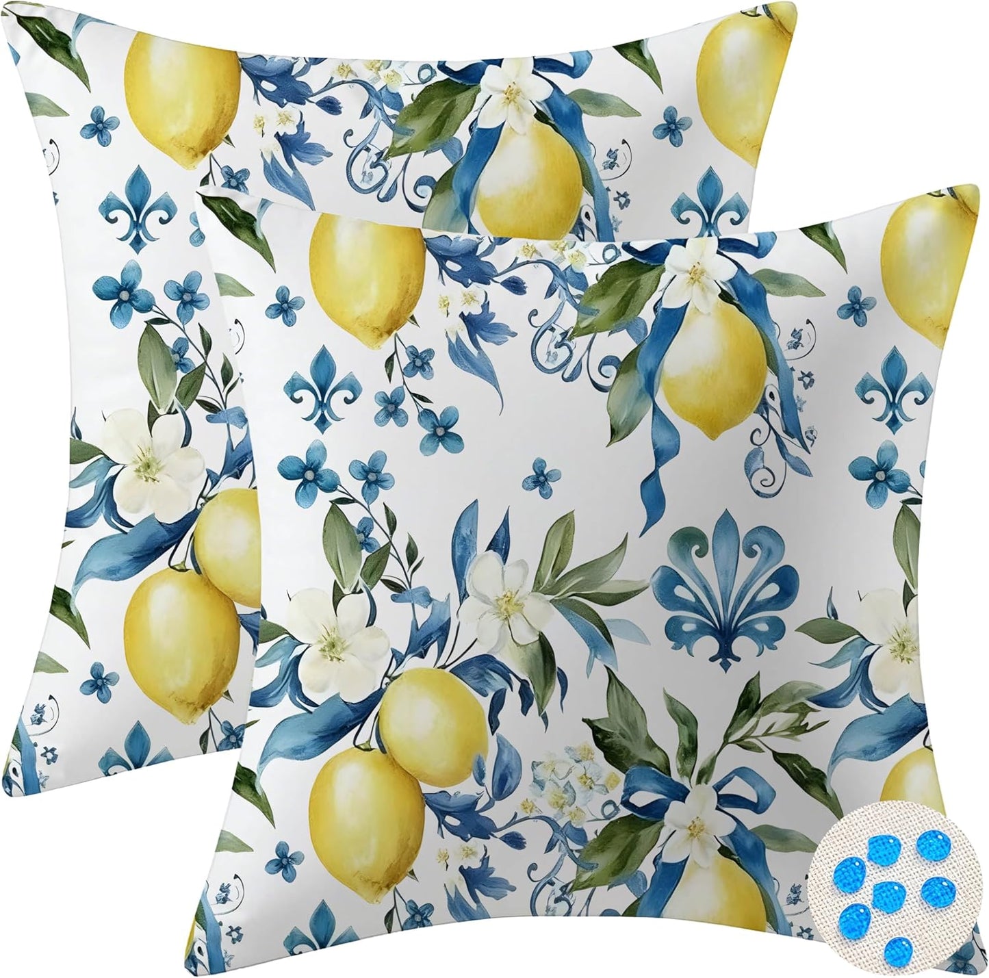 mellicoma Waterproof Outdoor Pillow Covers 18x18 Pack of 2 Blue White Lemon Throw Outdoor Pillows for Garden Funiture Patio Home