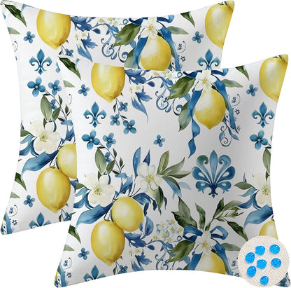 mellicoma Waterproof Outdoor Pillow Covers 18x18 Pack of 2 Blue White Lemon Throw Outdoor Pillows for Garden Funiture Patio Home
