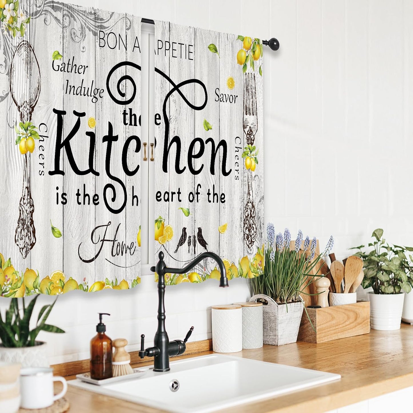Riyidecor Lemon Kitchen Curtains Short Small Rustic Farmhouse Yellow Fruit Country Wooden Barn Plant Fork and Spoon Botanical Rod Pocket Bedroom Living Room Treatment Fabric 2 Panels 27.5Wx39H Inch