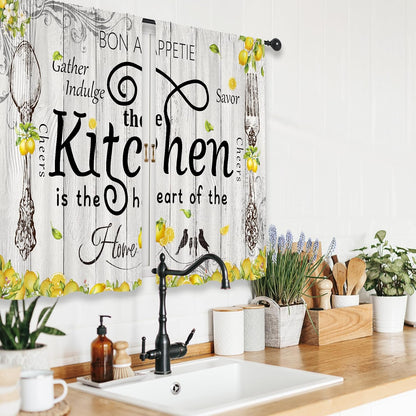 Riyidecor Lemon Kitchen Curtains Short Small Rustic Farmhouse Yellow Fruit Country Wooden Barn Plant Fork and Spoon Botanical Rod Pocket Bedroom Living Room Treatment Fabric 2 Panels 27.5Wx39H Inch