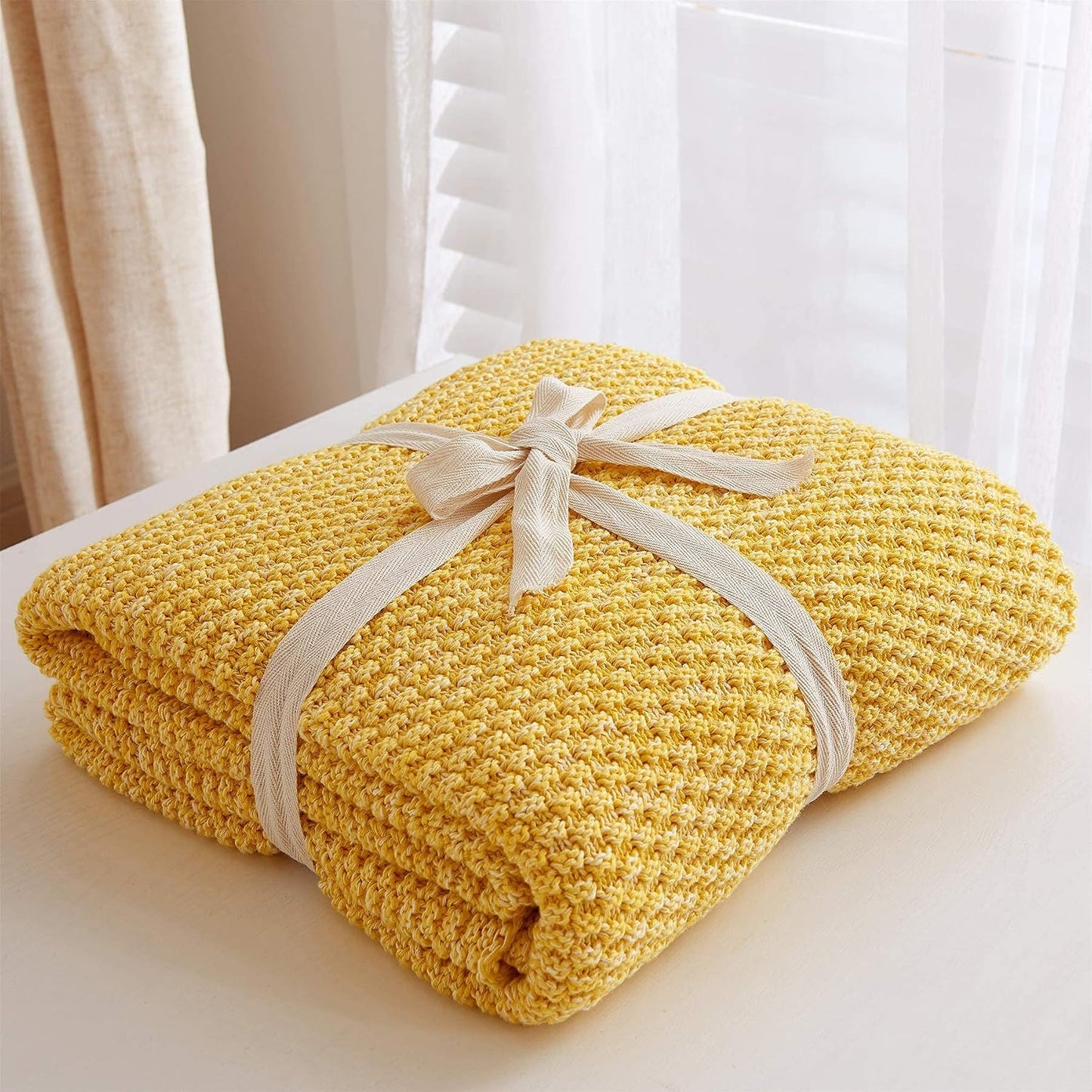 Longhui bedding 100% Cotton Knitted Throw Blanket – Yellow, Soft & Cozy, Machine Washable, 51"x63" – Perfect for Living Room, Couch, Sofa, Bed or Travel