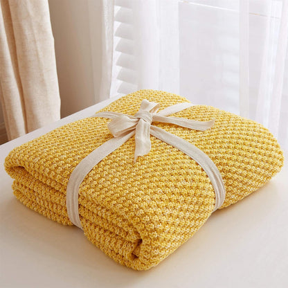 Longhui bedding 100% Cotton Knitted Throw Blanket – Yellow, Soft & Cozy, Machine Washable, 51"x63" – Perfect for Living Room, Couch, Sofa, Bed or Travel