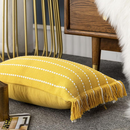 LIGICKY Decorative Boho Lumbar Tassel Throw Pillow Covers Rectangle Woven Cotton Cushion Cover Striped Pillowcases for Couch Sofa Bedroom Living Room, Yellow and White 12 x 20 Inch