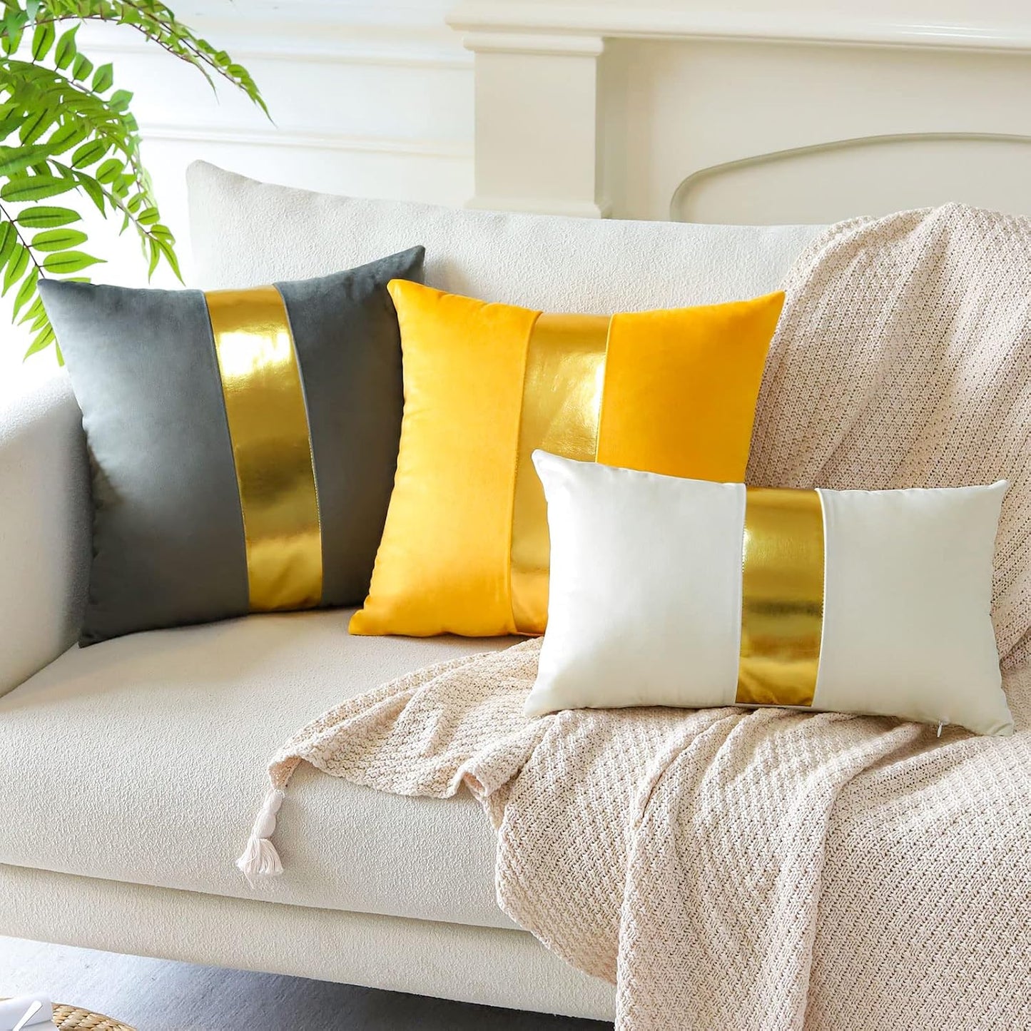 Artscope Yellow Velvet Throw Pillow Covers with Gold Leather Stitching Luxury Modern Minimalist Square Pillowcase Cushion Covers for Bed Couch Sofa 18x18Inch Set of 2