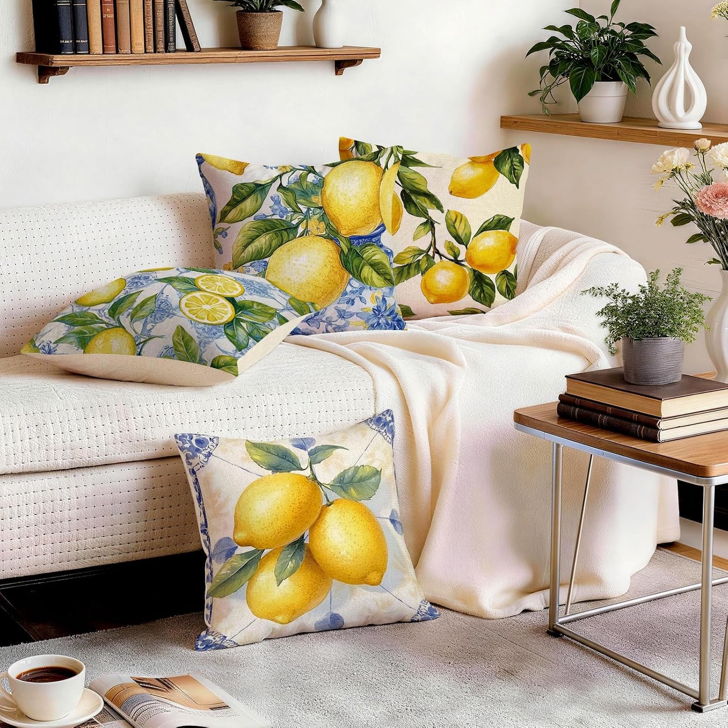 Summer Lemon Throw Pillow Covers, 18X18 inch Set of 4 Square Modern Outdoor Pillow Cases Decorative Cushion Covers, for Home Couch Sofa Car Decor