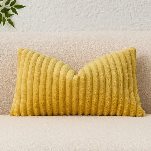 Kevin Textile Soft Plush 12x20 Inch Lumbar Pillow Cover 1 Pack, Luxury Fluffy Faux Fur Striped Flannel Rectangle Cushion Case for Couch Sofa Chair Bed Home Decor, Yellow
