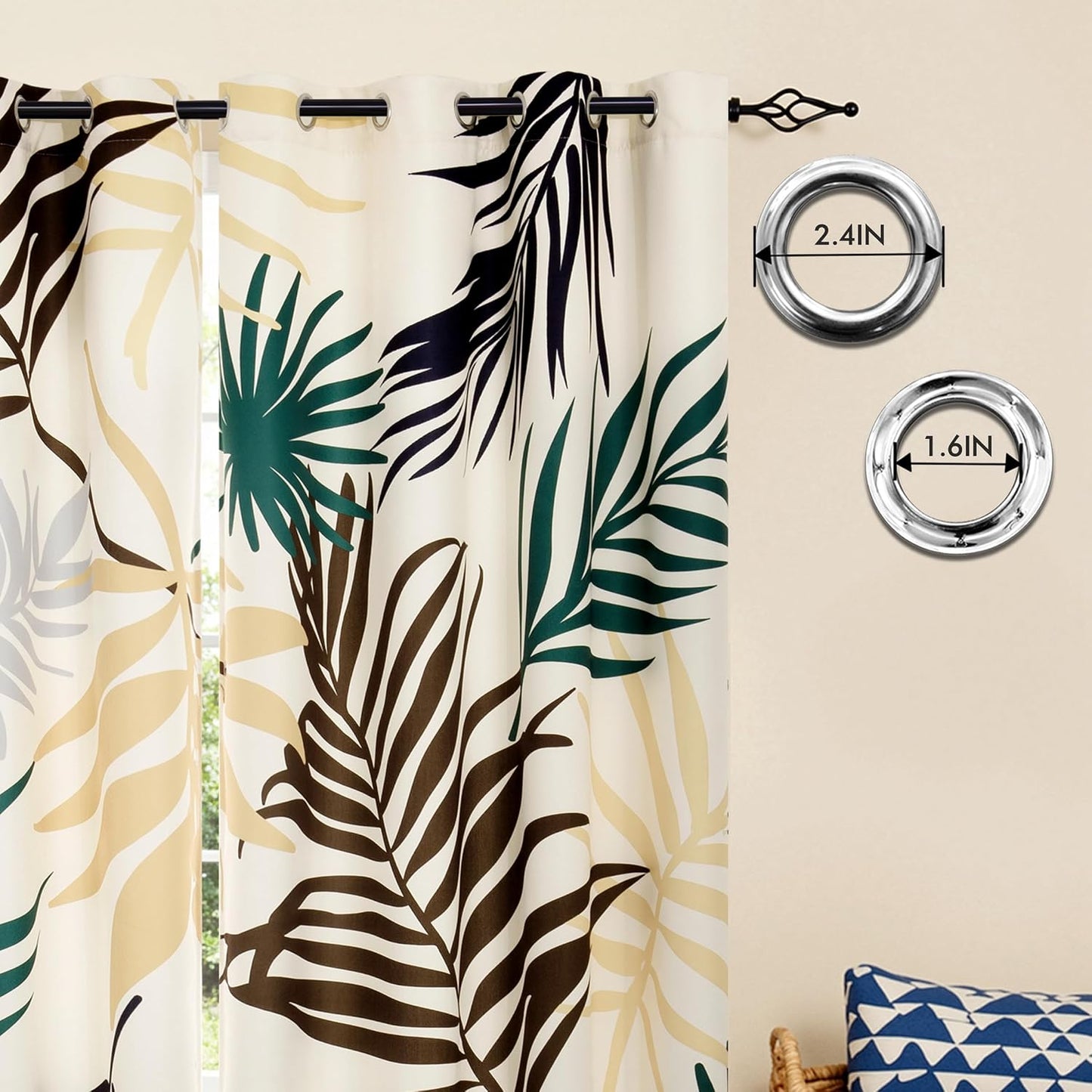 SUBRTEX Boho Leaf Printed Curtains 84 inch Long 2 Panels, Room Darkening Vibrant Floral Drapes, 50% Blackout Light Flitering, Semi Sheer Farmhouse Curtains for Living Room, 52Wx84L, Yellow Leaf