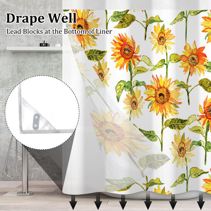 No Hook Shower Curtain with Snap in Liner Set Rustic Vintage Sunflower Bath Curtain Double Layers Waterproof Washable Fabric with See Through Mesh Top Window for Bathroom Hotel 71x74 Inch