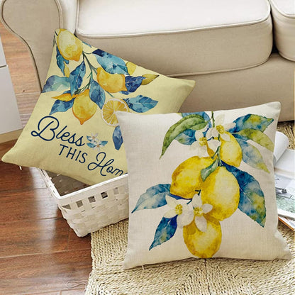 Lemon Decorative Throw Pillow Covers 18 x 18 Set of 4, Home Sweet Home Citrus Fruit Floral Botanical Family Porch Outdoor Decor, Spring Summer Bless This Home Farmhouse Sofa Couch Cushion Case