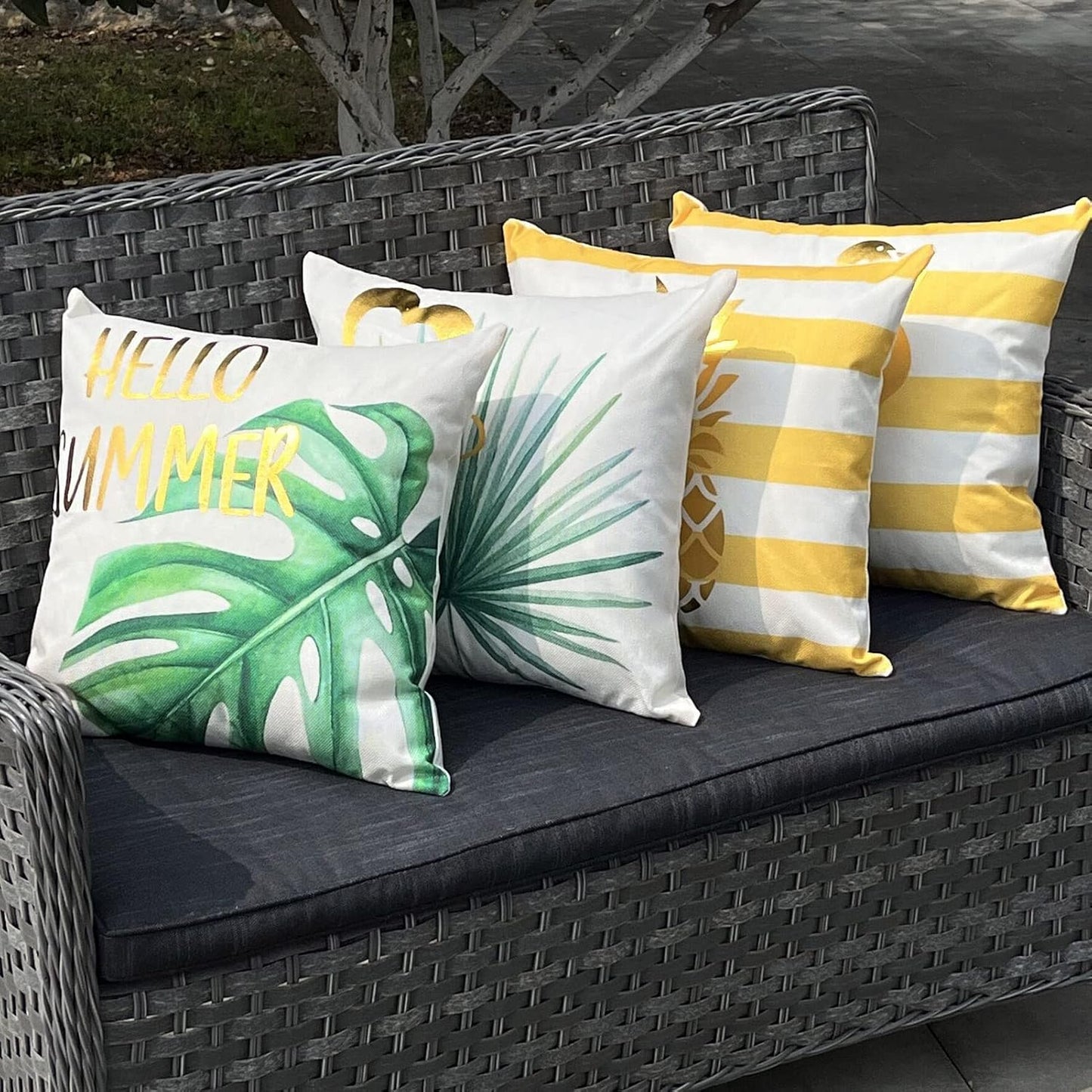 ONWAY Hello Summer Pillow Covers Waterproof 18x18 Set of 4 for Summer Decorations Yellow Stripe Gold Cushion Cases Tropical Pineapple Flamingo Throw Pillows for Couch Patio Furniture