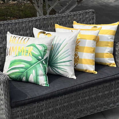ONWAY Hello Summer Pillow Covers Waterproof 18x18 Set of 4 for Summer Decorations Yellow Stripe Gold Cushion Cases Tropical Pineapple Flamingo Throw Pillows for Couch Patio Furniture