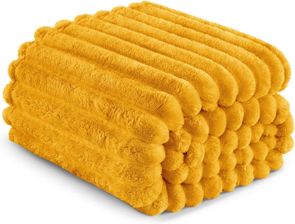 Exclusivo Mezcla Fleece Throw Blanket for Couch, Super Soft Striped Jacquard Bed Blanket, Lightweight Fuzzy Cozy for All Seasons, 50x60 Inches, Mustard Yellow