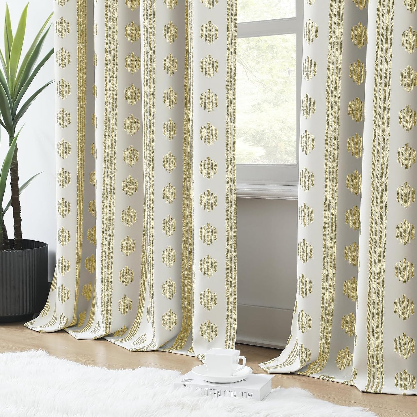 Melodieux 80% Blackout Boho Curtains for Bedroom 84 Inch Length 2 Panels Set Yellow on Beige Striped Pattern Cotton Bedroom Curtains Grommet Room Darkening Curtain for Living Room Thermal Insulated