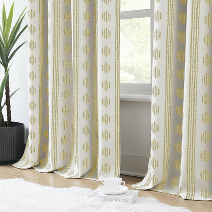 Melodieux 80% Blackout Boho Curtains for Bedroom 84 Inch Length 2 Panels Set Yellow on Beige Striped Pattern Cotton Bedroom Curtains Grommet Room Darkening Curtain for Living Room Thermal Insulated