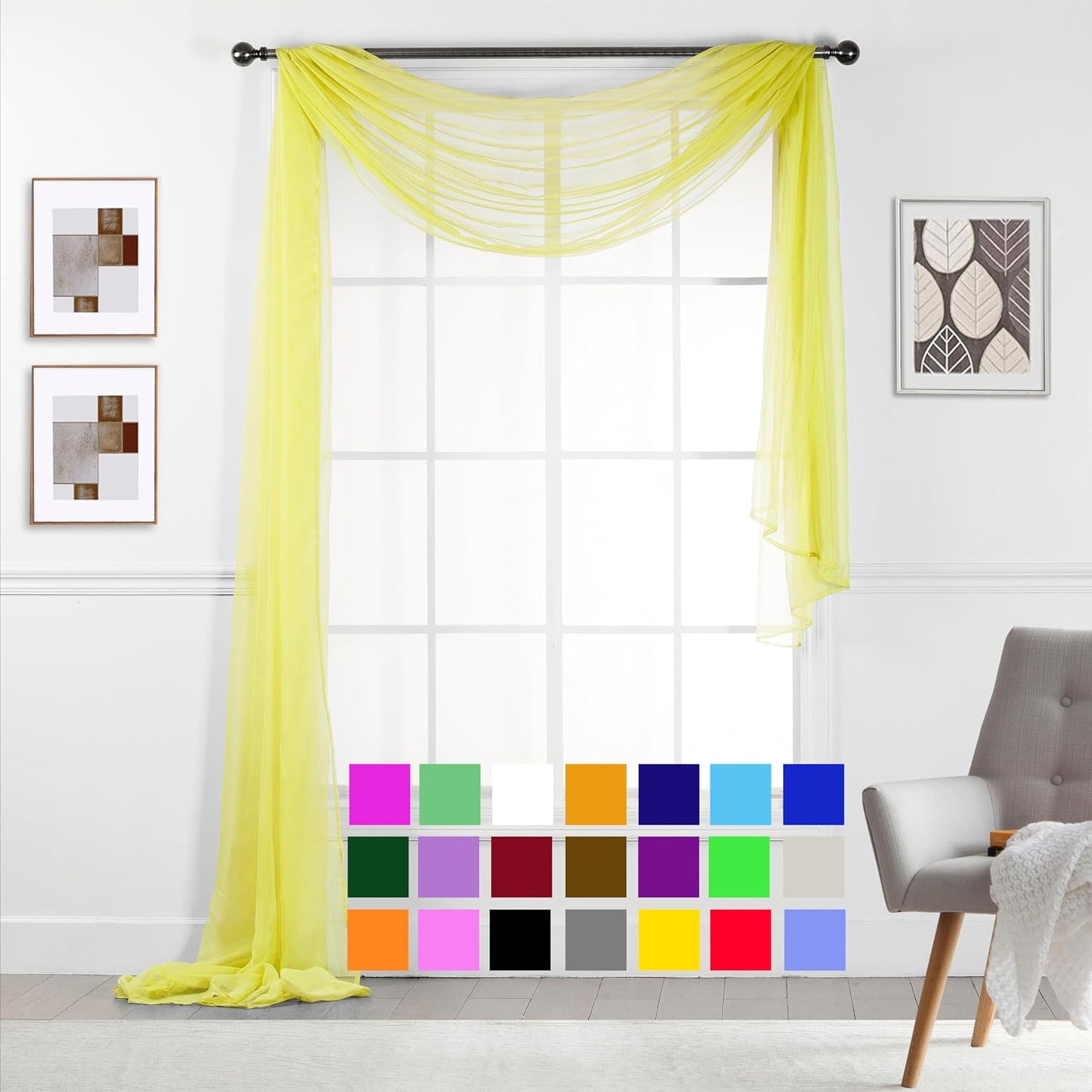 New Window Sheer Scarf Multifunction Voile Valance Window Treatment or Event Decoration Superior Threads (Yellow, Standard - 37" x 216")