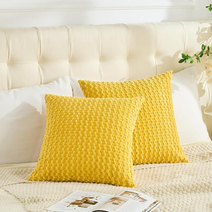 GAWAMAY Decorative Throw Pillow Covers 18x18 Inch Set of 2 for Living Room Couch Bed Sofa, Farmhouse Square Cushion Cover Soft Striped Corduroy Pillow Cases Boho Accent Home Decor (45x45cm) Yellow