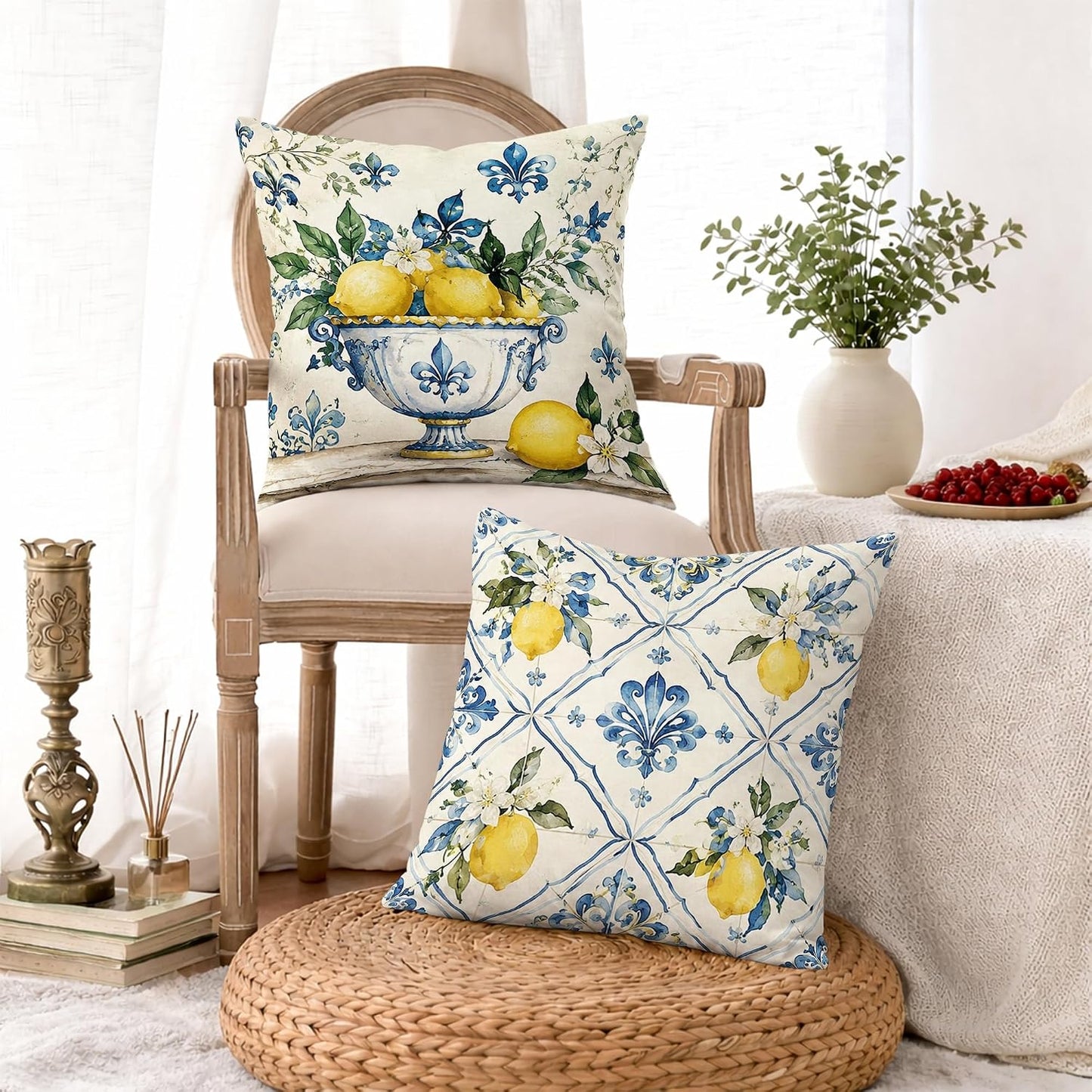 Lemon Throw Pillow Covers Set of 4, Mediterranean Rustic Flower Lily Summer Yellow Soft Velvet Washable Cushion Covers Pillow for Living Room Bed Office Sofa Chair Decor 20x20 Inch