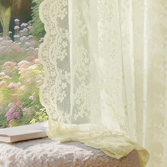 Anmao Vintage Lace Curtains 84 Inches Long 2 Panels Set, Romantic Elegant Light Filtering Semi Sheer Floral Thick Lacy Curtain Drapes for Living Room and Bedroom, Each Panel 55W x 84L, Cream Yellow
