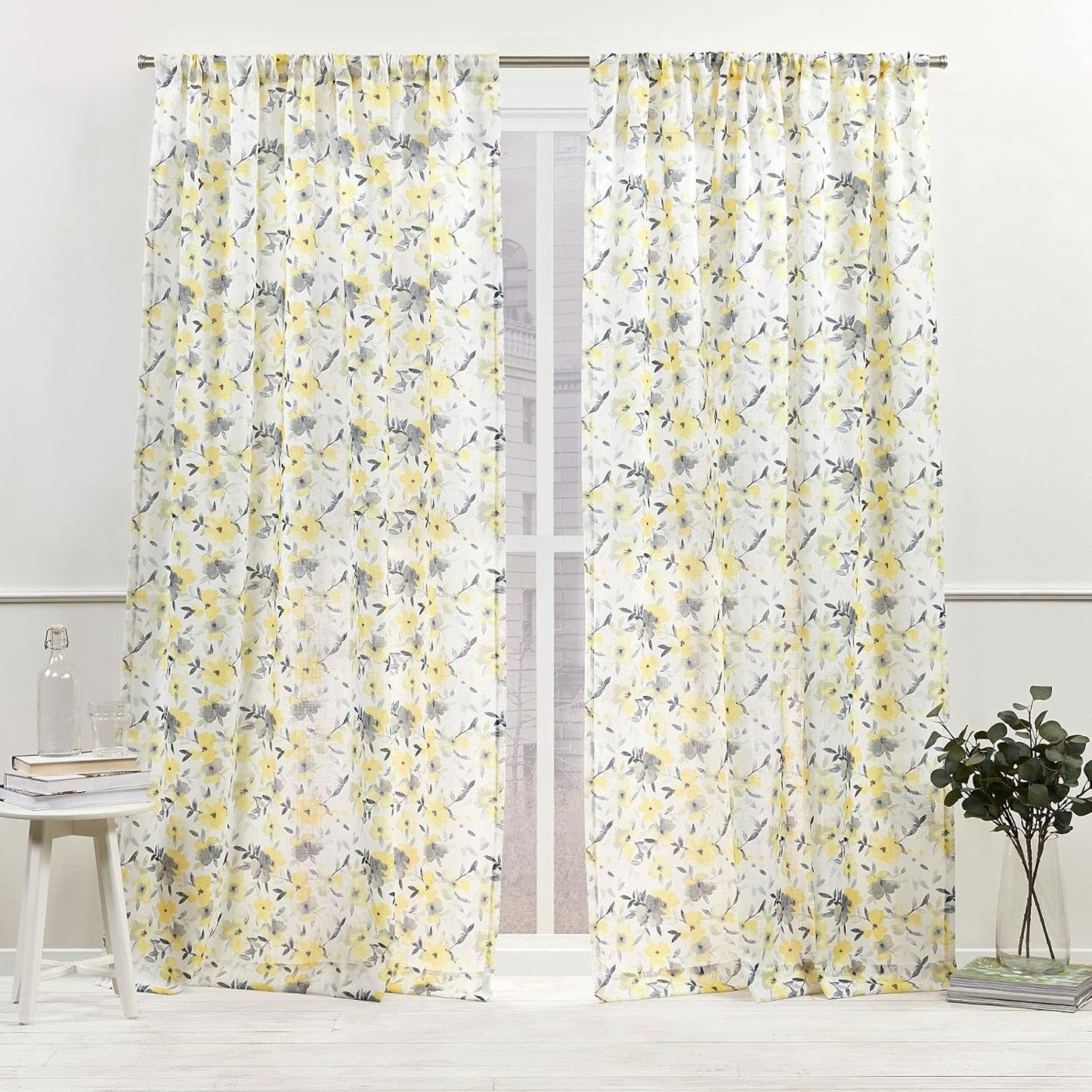 Nicole Miller NEW YORK Hattie Light Filtering, Semi Sheer Rod Pocket Curtain Panels, 54"x96", Yellow, Set of 2