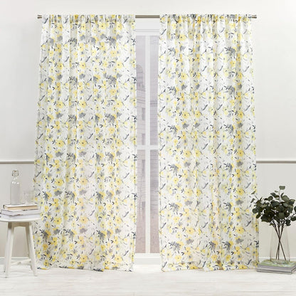 Nicole Miller NEW YORK Hattie Light Filtering, Semi Sheer Rod Pocket Curtain Panels, 54"x96", Yellow, Set of 2