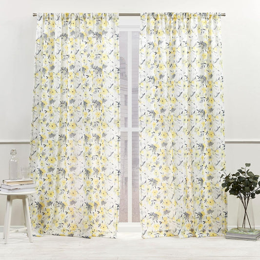 Nicole Miller NEW YORK Hattie Light Filtering, Semi Sheer Rod Pocket Curtain Panels, 54"x96", Yellow, Set of 2