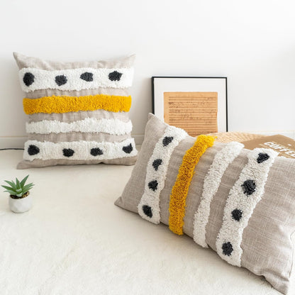 Boho Tufted Lumbar Throw Pillow Cover with Handwoven Stripes, Linen Cotton Simple Decorative Cushion Case for Couch Sofa, 1 PC (Beige Yellow, 12x20 inch)