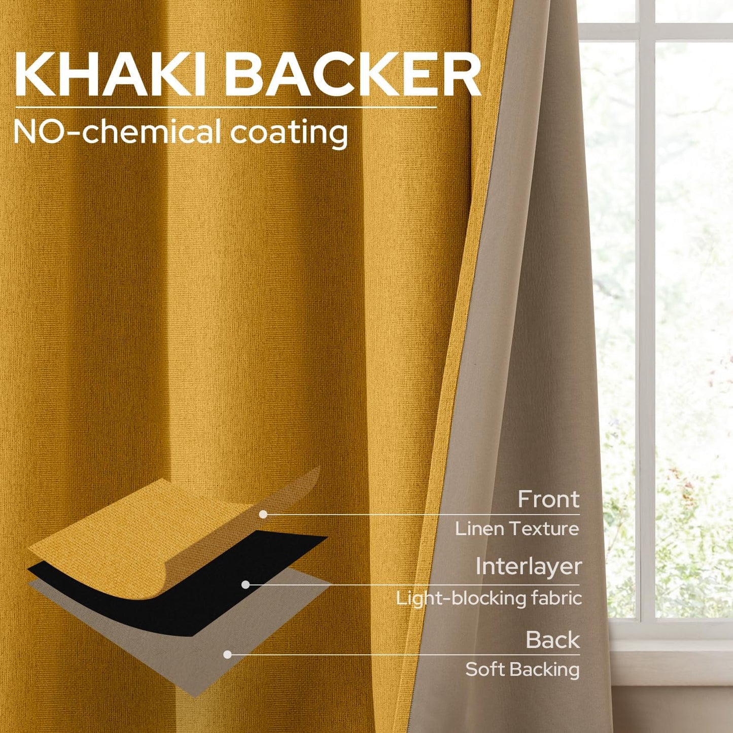 HOMEIDEAS Mustard Yellow 100% Blackout Curtains 2 Panels Linen Room Darkening Curtains 52 X 84 Inches Thermal Insulated Grommet Window Drapes with Liner for Living Room, Bedroom, Nursery