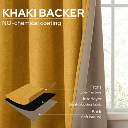 HOMEIDEAS Mustard Yellow 100% Blackout Curtains 2 Panels Linen Room Darkening Curtains 52 X 84 Inches Thermal Insulated Grommet Window Drapes with Liner for Living Room, Bedroom, Nursery