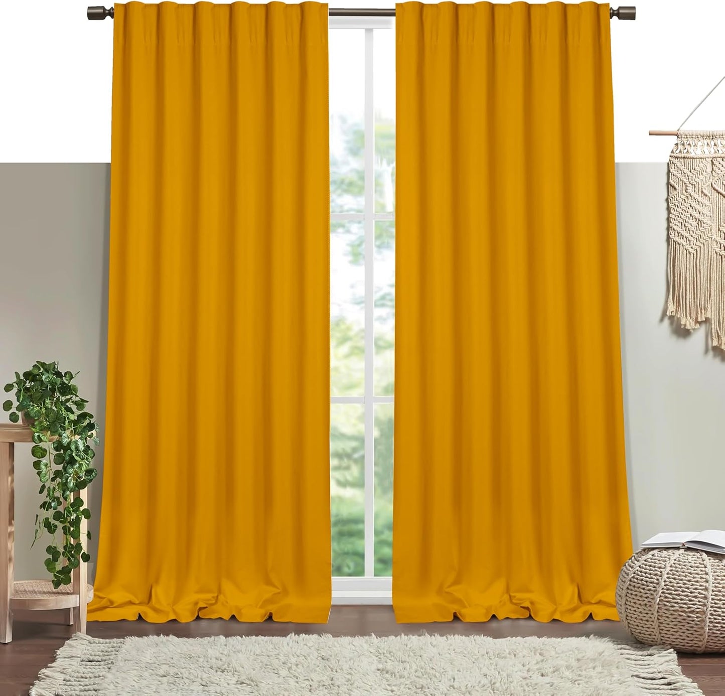 Mustard Yellow Solid Panel Curtains, 84 Inches Long, Set of 2, 100% Cotton, Light Filtering for Privacy, Warm Farmhouse Ambiance, Great for Bedroom, Living Room, 54" W x 84" L