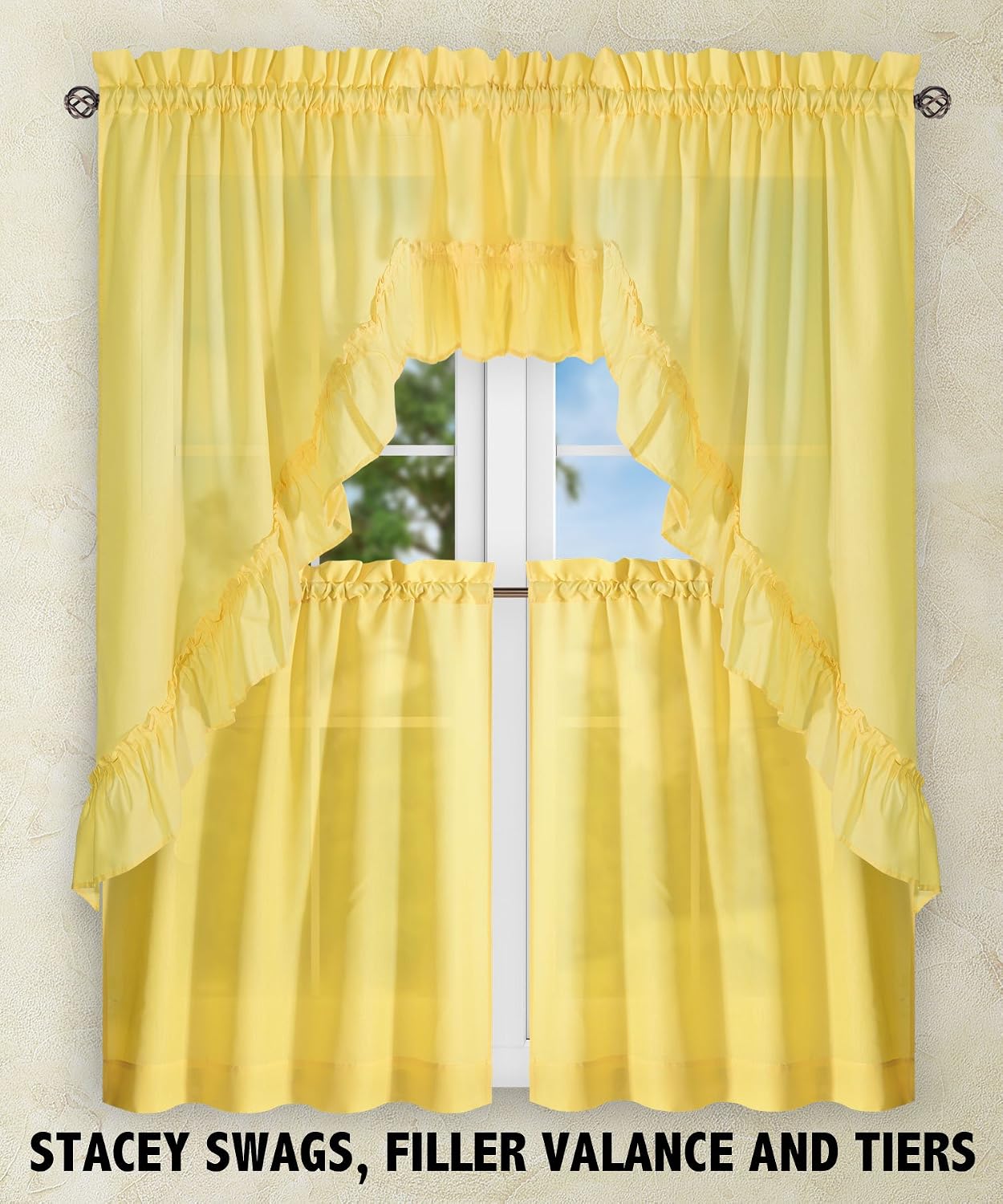 Ellis Curtain Stacey Sheer Tailored Tier Pair Curtains, 56" x 45", Yellow