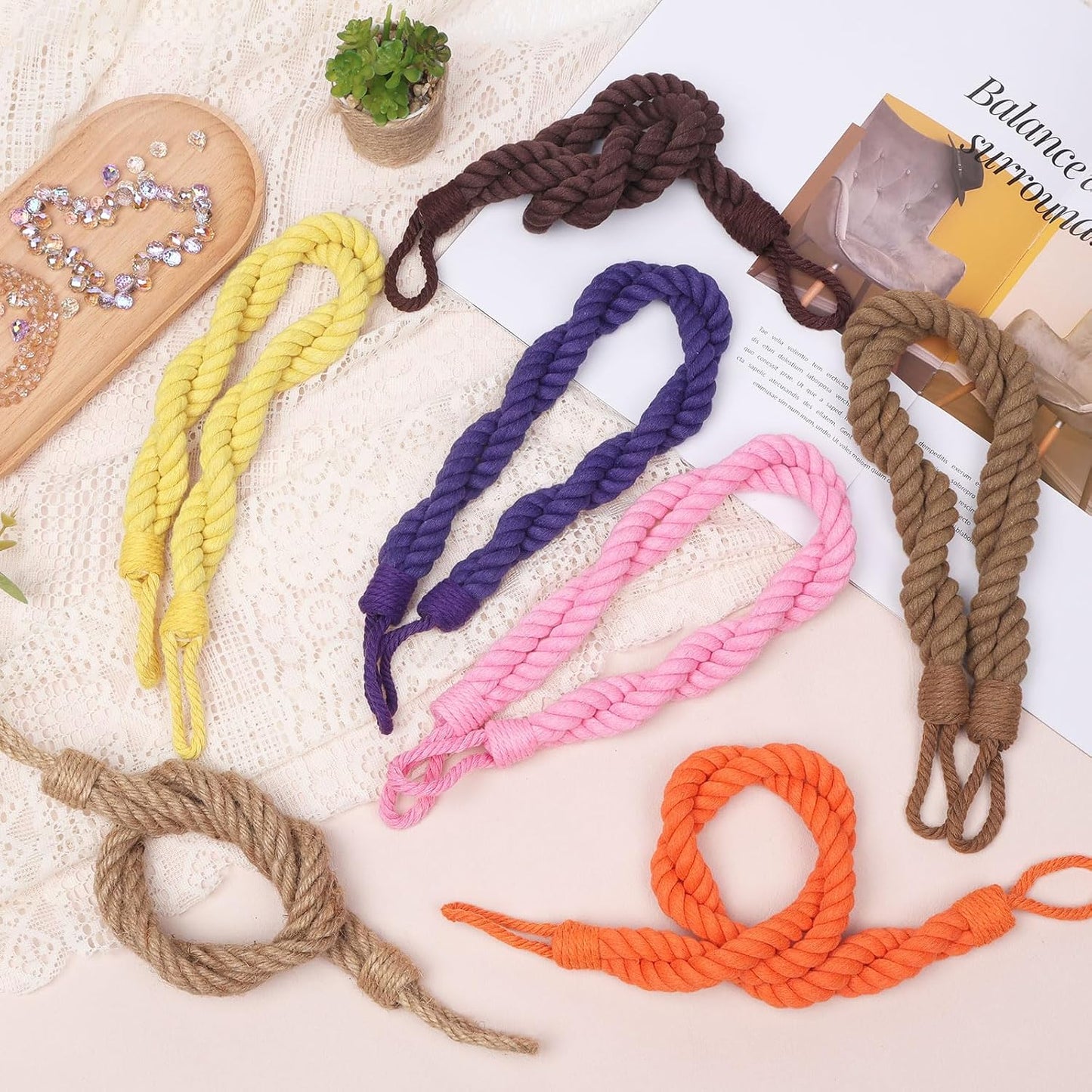 NICEEC 2 Pack Natural Cotton Rope Curtain Tiebacks Elegant Boho Style Decor Drape Tie Backs Soft Hand-Woven Double Rope Curtain Holdbacks with Metal Hook for Home & Office Drapery (Yellow)