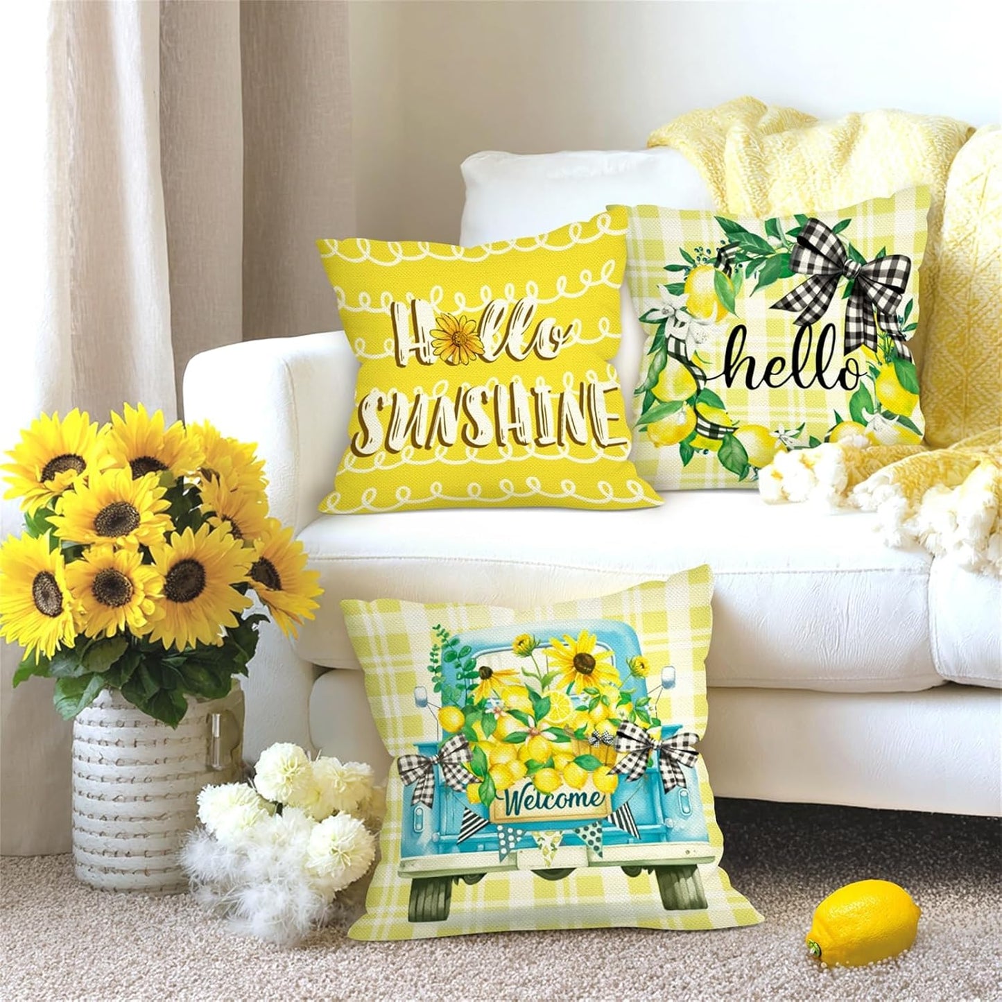 Spring Summer Lemon Throw Pillow Covers 18x18 Inch Set of 4 Hello Sunshine Farmhouse Truck Yellow Plaid Cushion Covers Home Decor for Couch Cushion Cases