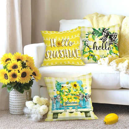 Spring Summer Lemon Throw Pillow Covers 18x18 Inch Set of 4 Hello Sunshine Farmhouse Truck Yellow Plaid Cushion Covers Home Decor for Couch Cushion Cases