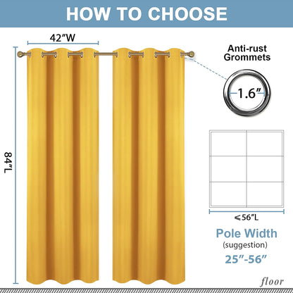 Diraysid Yellow Grommet Blackout Curtains for Bedroom Thermal Insulated Room Darkening Curtains Drapes, 42 x 84, 2 Panels