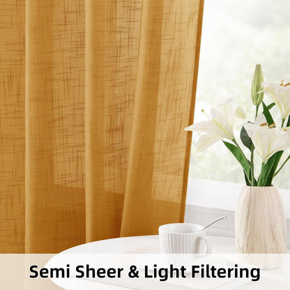 HOMEIDEAS Yellow Linen Textured Sheer Curtains, 84 Inches Long 2 Panels Semi Sheer Curtains Farmhouse Window Drapes for Bedroom Living Room, 2 Panels, W52 x L84