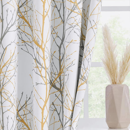 FMFUNCTEX 100% Blackout Curtains Yellow White Tree Liner Curtains for Bedroom, Branch Partterned Curtains 63 inch Length for Living Room, Room Darkening Thermal Insulated Drapes, Grommet Top 2 Panels