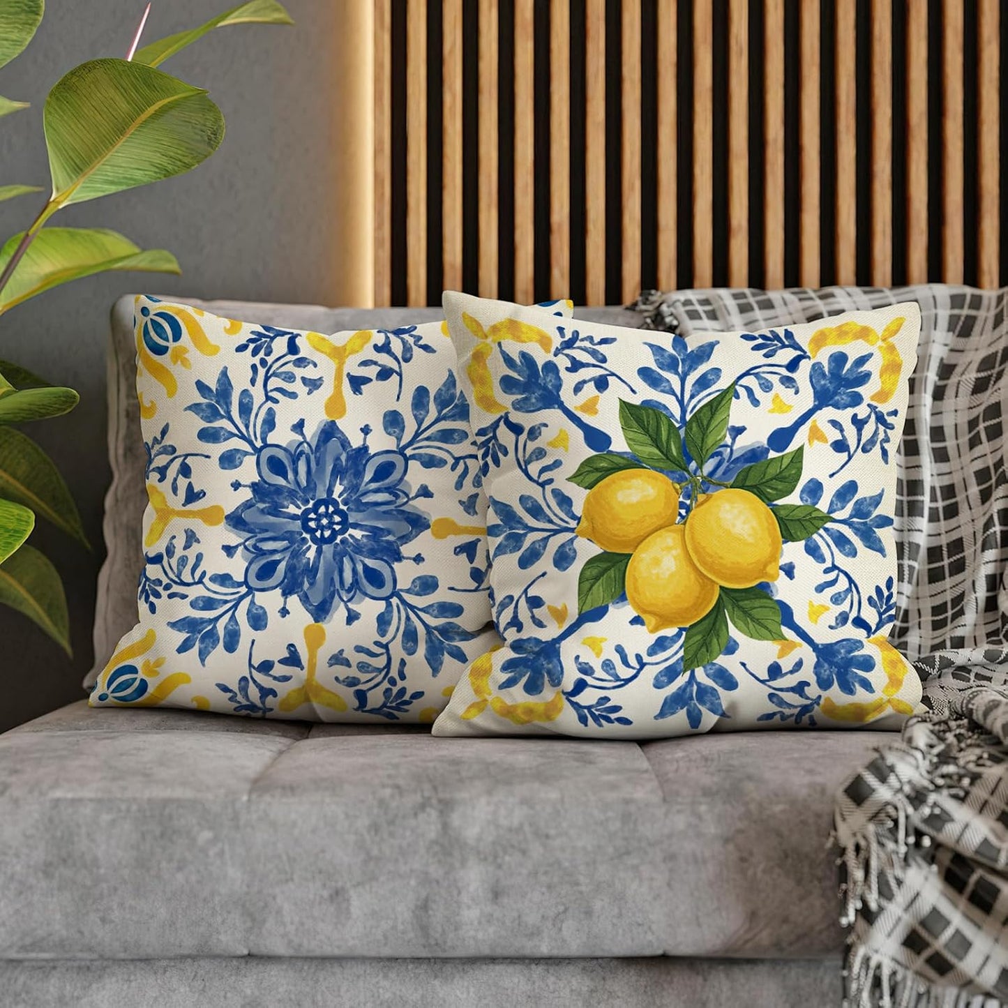 Fahrendom Blue Lemon Italy Tile Pattern Decorative Throw Pillow Covers 18 x 18 Set of 4, Amalfi Coast Italian Capri Citrus Porch Pillowcase, Summer Mediterranean Sofa Couch Cushion Case Home Decor